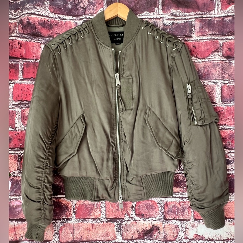 AllSaints Bree Laced Bomber Jacket Sage Green Utility Flight Coat Size XS